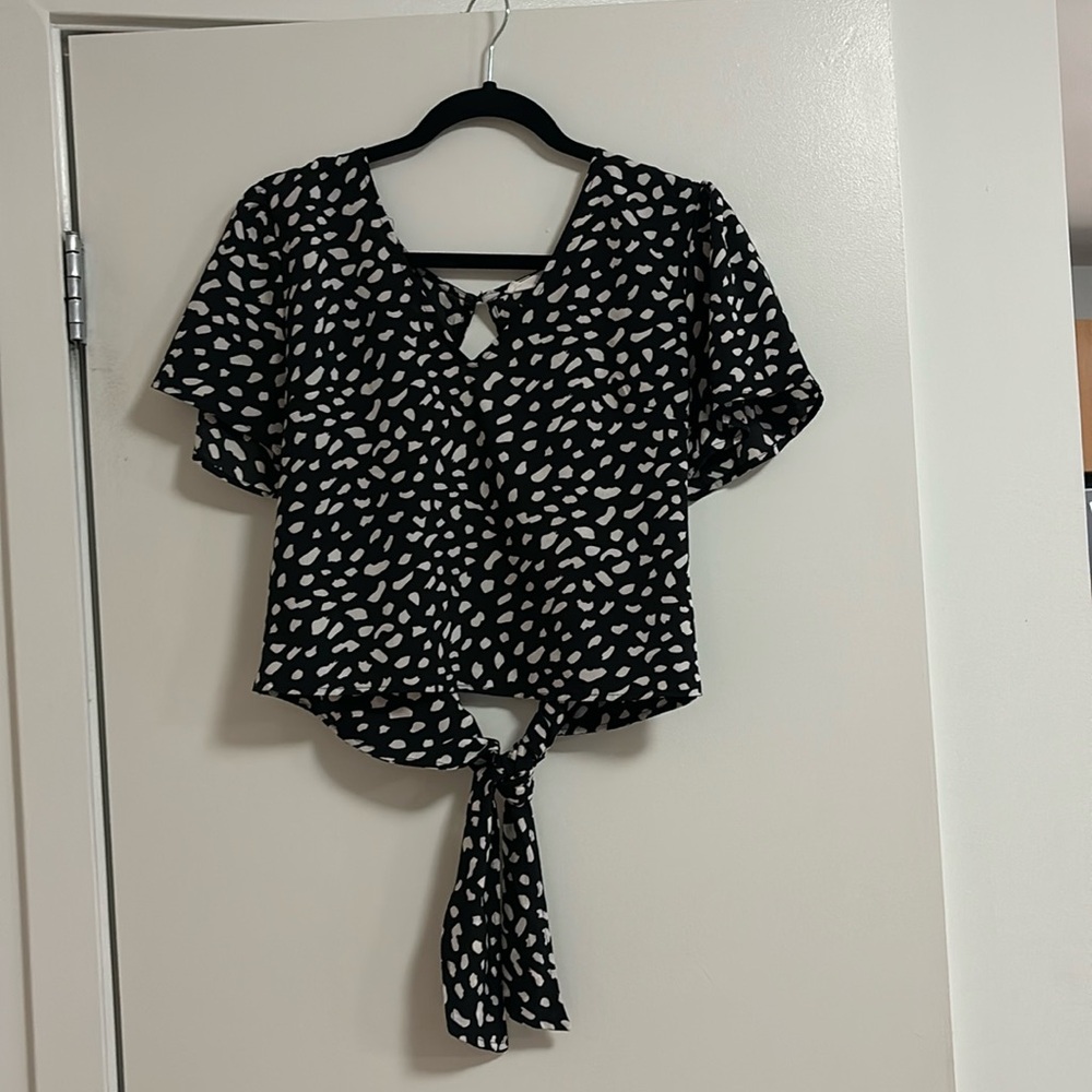 Small Lush Black Crop with White Dot Design - Open Back with Button Clasp & Tie